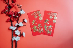 two hong baos and flower stem on red background