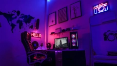 office computer workspace with neon lights