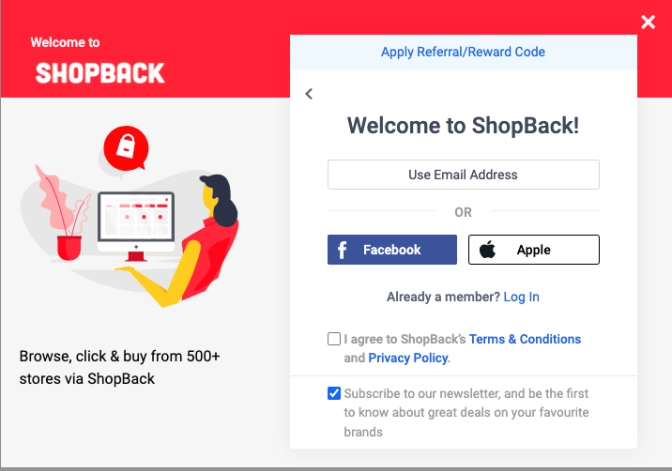 Registration page of Shopback Singapore